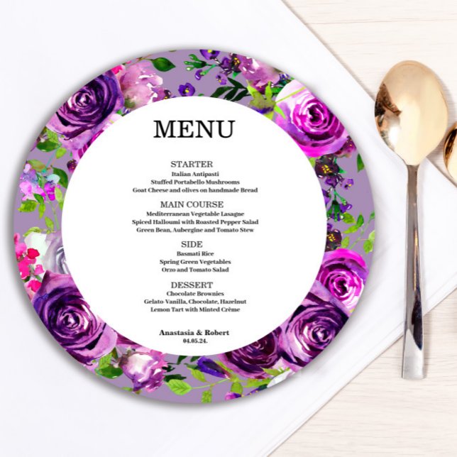 Romantische Lila florale Round-Menu-Karte Menükarte (Von Creator hochgeladen)