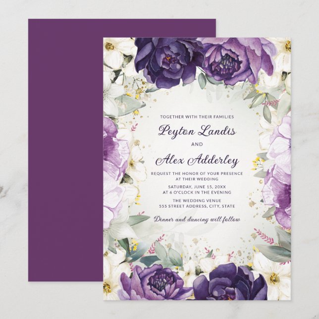 Romantische Lila Glitzer-Hochzeit Einladung (Vorne/Hinten)