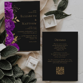 Romantische Lila Golddunkelblume QR-Hochzeit Einladung