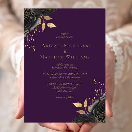 Romantische Lila Hochzeit der Black Gold Floral Einladung