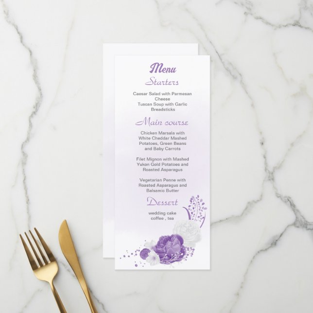 romantische lila Hochzeit mit Blumen Menükarte (Vorderseite/Rückseite Beispiel)