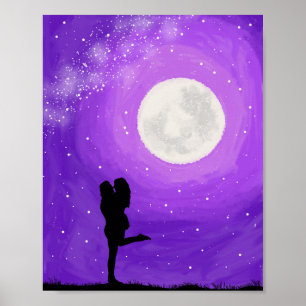 Romantische Lila Nacht Vollmond Sterne Datum Poster