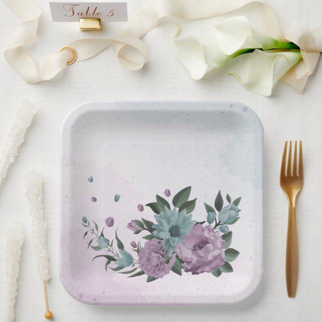 romantische lila und blaue Blumen Pappteller (Hochzeit)