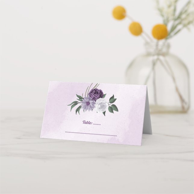 Romantische lila und weiße Blumen Platzkarte (Vorderseite)