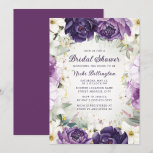 Romantische lila weiße Blumen Glitter Brautparty Einladung