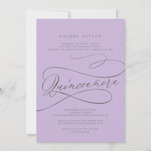 Romantische Lilac Calligraphy Quinceañera Einladun Einladung (Vorderseite)