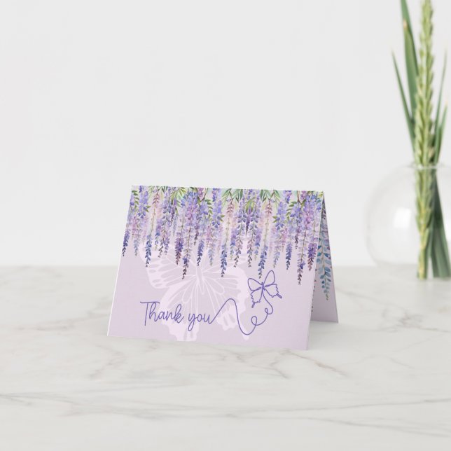 Romantische Lilac Wisteria & Butterfly Hochzeit mi Dankeskarte (Vorderseite)
