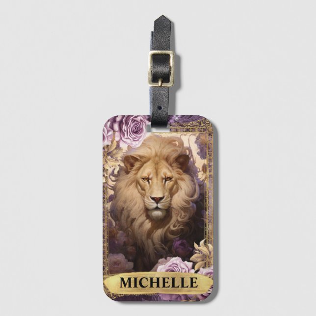 Romantische Lion und Lila Rose Fantasie Gepäckanhänger (Vorderseite Vertikal)
