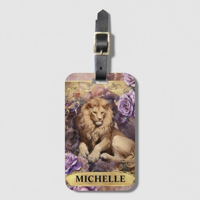 Romantische Lion und Lila Rose Fantasie Gepäckanhänger (Vorderseite Vertikal)