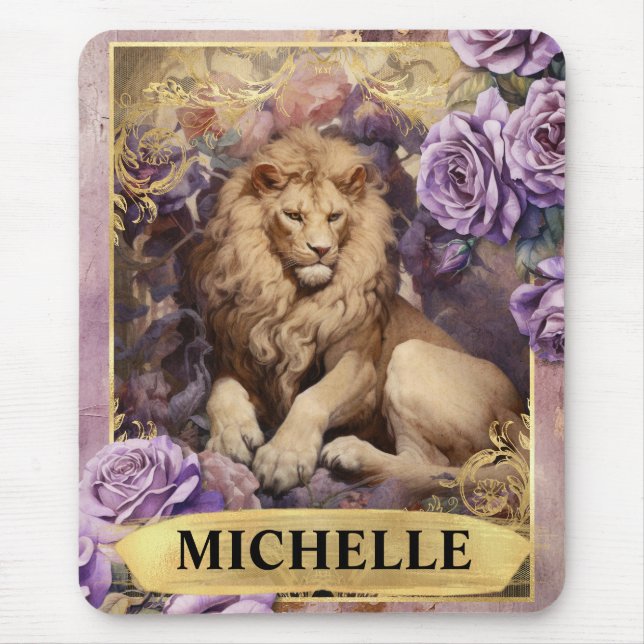Romantische Lion und Lila Rose Fantasie Mousepad (Vorne)