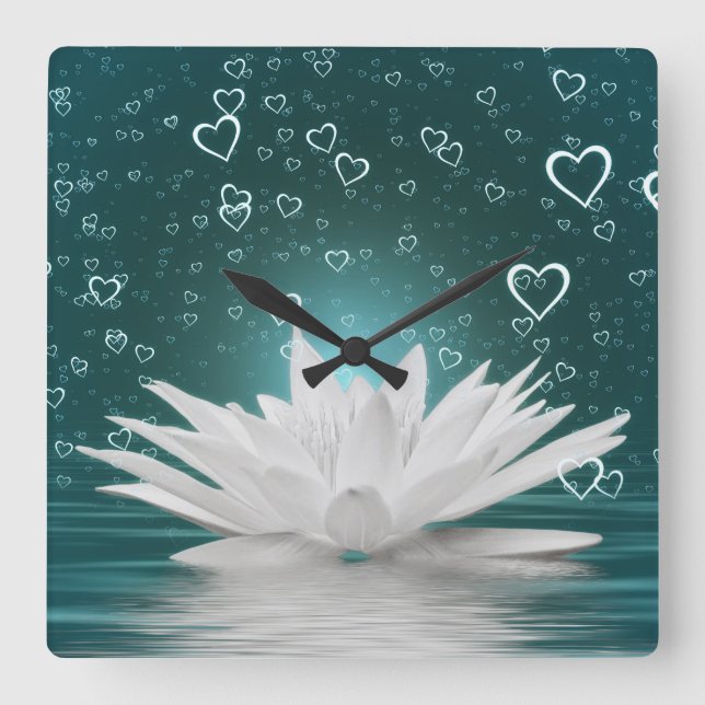 Romantische Lotus Blume Herz Zen Yoga Quadratische Wanduhr (Vorderseite)