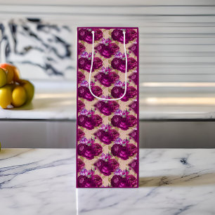 Romantische Magenta-Rose und Gold-Blätter auf Pea Geschenktüte Für Weinflaschen