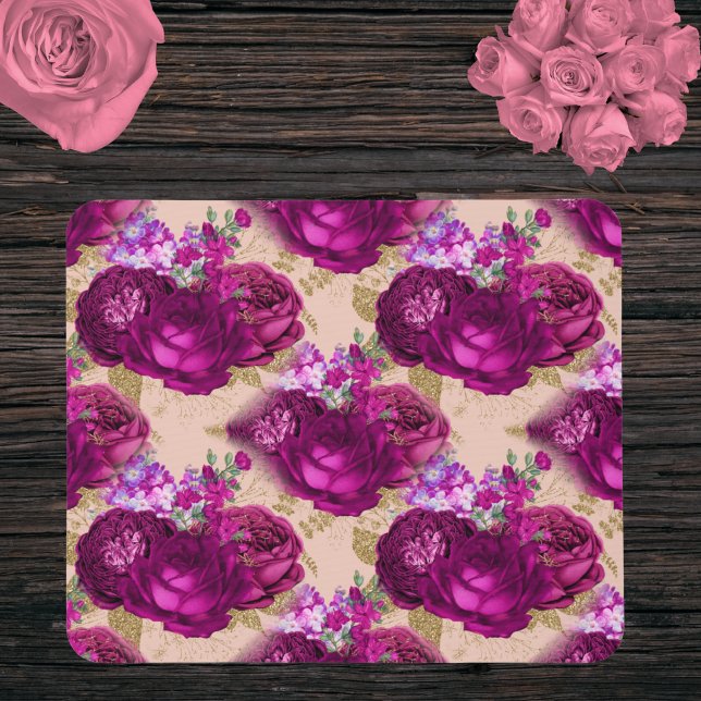 Romantische Magenta-Rose und Gold-Blätter auf Peac Mousepad (Von Creator hochgeladen)