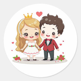 Romantische Märchen Hochzeit - Chibi Art Runder Aufkleber