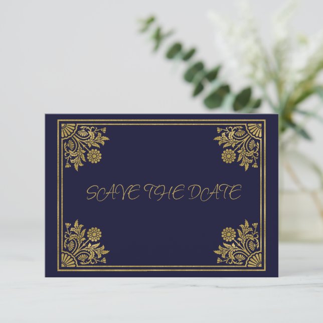 Romantische Marine und Gold-Rahmen RSVP Karte (Stehend Vorderseite)