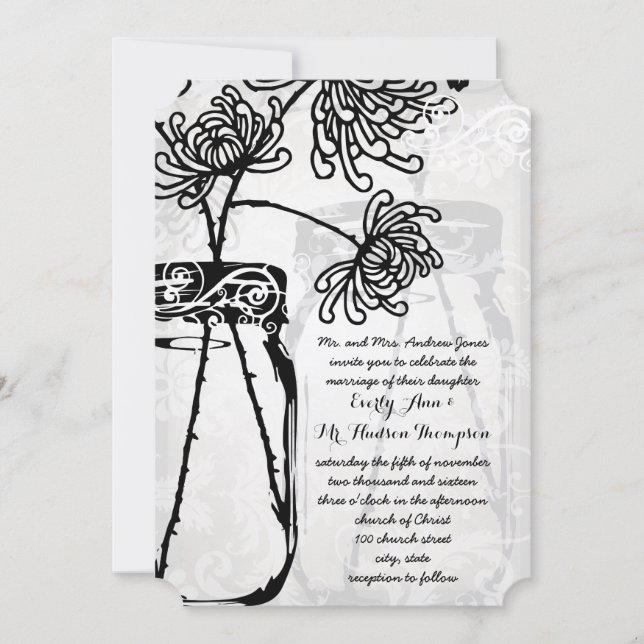 Romantische Mason Jar Shadows Damask Wedding Einladung (Vorderseite)