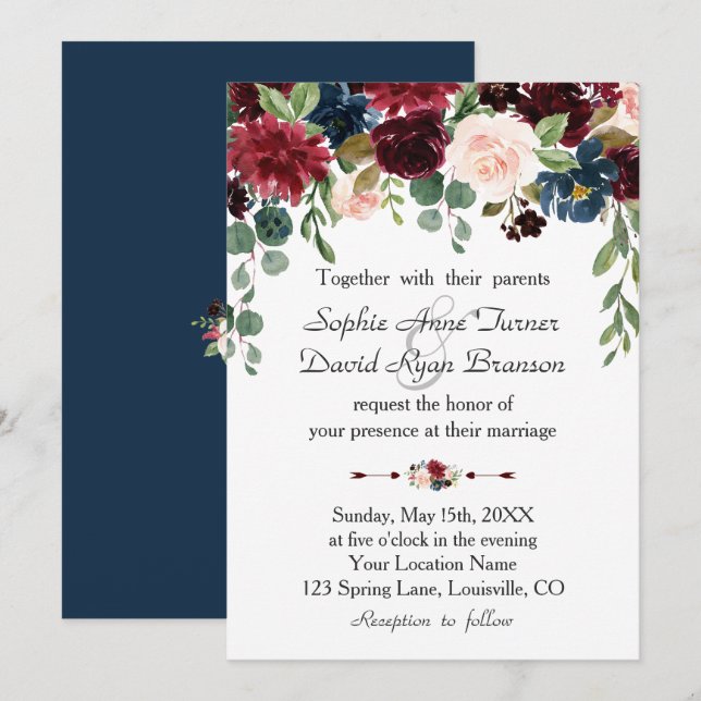 Romantische Merlot Navy BläserHochzeit Einladung (Vorne/Hinten)