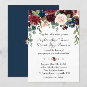 Romantische Merlot Navy BläserHochzeit Einladung