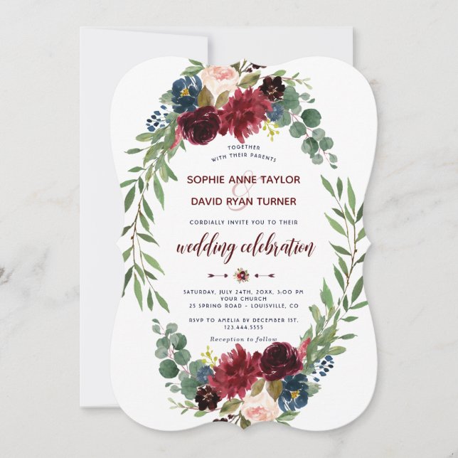 Romantische Merlot Navy Blumenblume Hochzeit Einladung (Vorderseite)