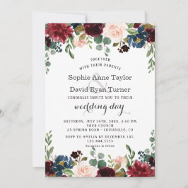 Romantische Merlot Navy Blush Bloral Hochzeit Einladung