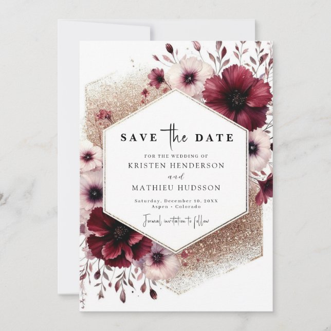 Romantische Minimal-Burgundy-Hochzeit Save The Date (Vorderseite)