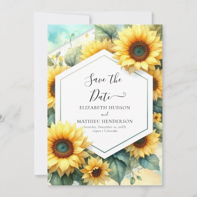 Romantische Minimalistische Sonnenblumenhochzeit Save The Date (Vorderseite)