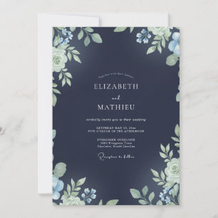 Romantische Mitternachts-Indigo-Blatt-Hochzeit Einladung