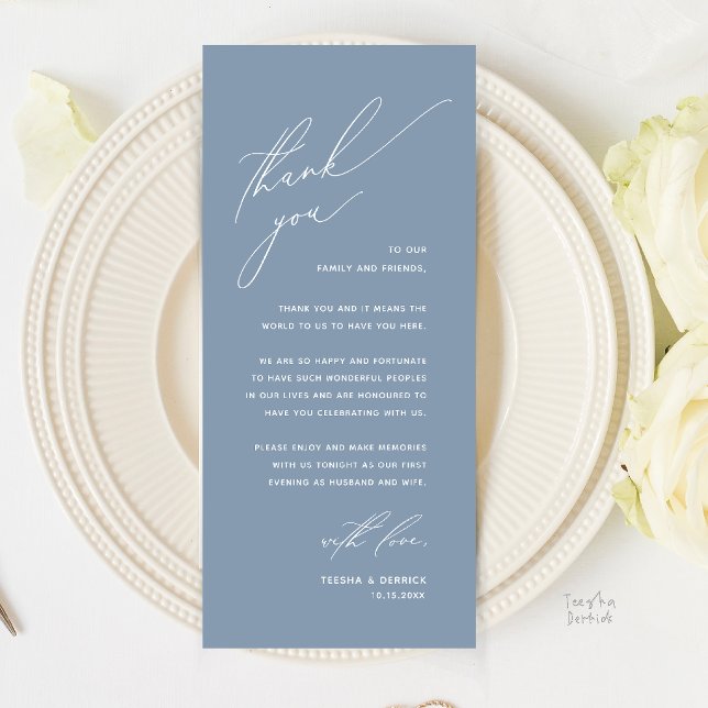 Romantische moderne Hochzeits-Dankeskarten für das Programm (Romantic Modern Wedding Reception Dinner Thank You Card in Dusty Blue)
