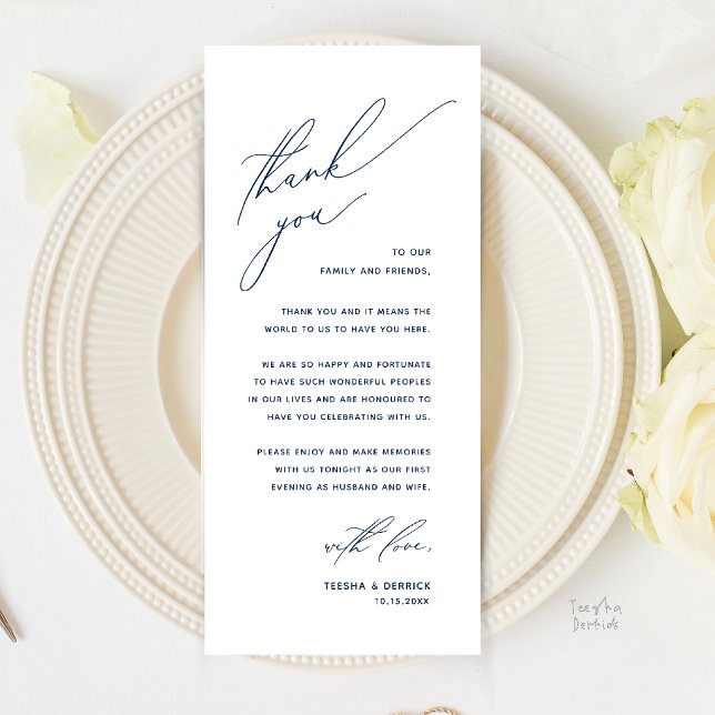 Romantische moderne Hochzeitsempfang-Dankeskarten Programm (Romantic Modern Wedding Reception Dinner Thank You Card in Navy Blue)