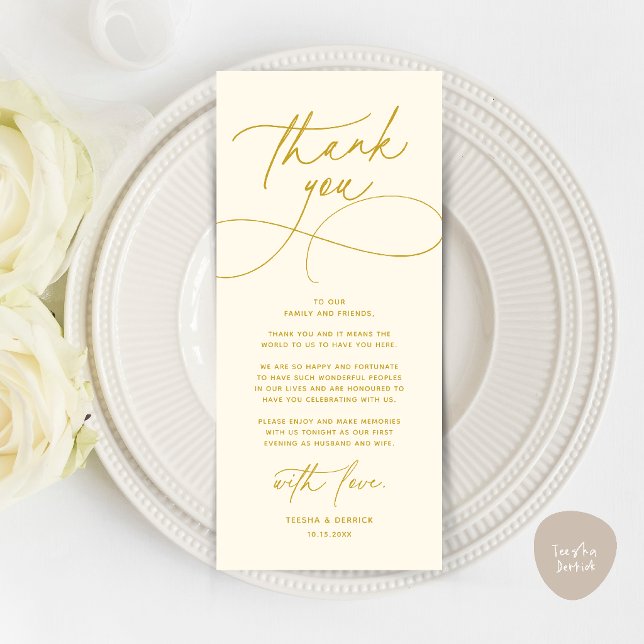 Romantische moderne Hochzeitsempfangs-Dankeskarten Programm (Romantic Modern Wedding Reception Dinner Thank You Card in yellow cream gold)
