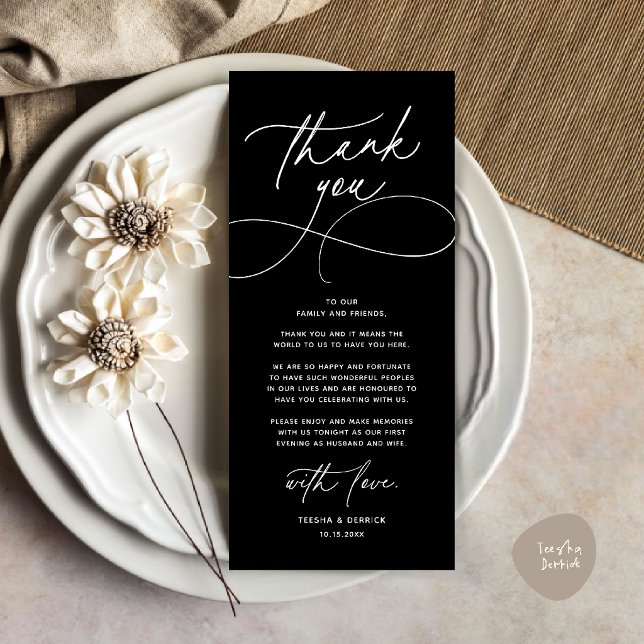 Romantische moderne Hochzeitsempfangs-Dankeskarten Programm (Romantic Modern Wedding Reception Dinner Thank You Card in classy black)
