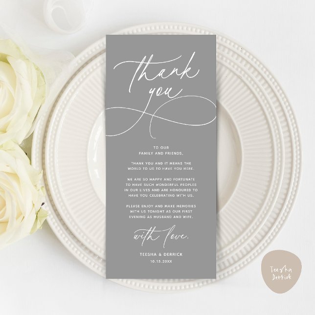 Romantische moderne Hochzeitsempfangs-Dankeskarten Programm (Romantic Modern Wedding Reception Dinner Thank You Card in dark grey)