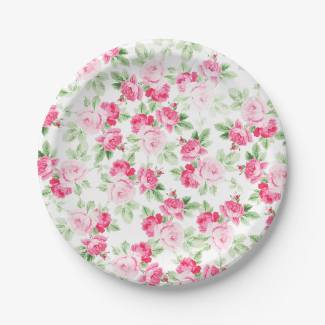 Romantische moderne rosa weiße trendy Rosen mit Pappteller (Vorderseite)