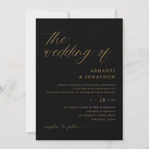 Romantische moderne Schwarz-Gold-Hochzeit Einladung