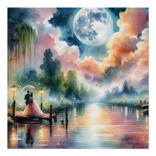 Romantische Mondlicht-Aquarell-Nachtszene Poster