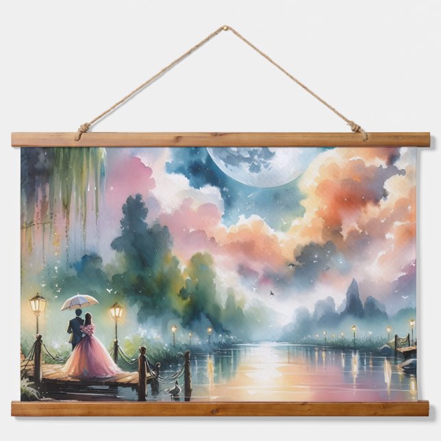 Romantische Mondlicht Wasserfarben Nachtszene Wandteppich Mit Holzrahmen (Vorne)