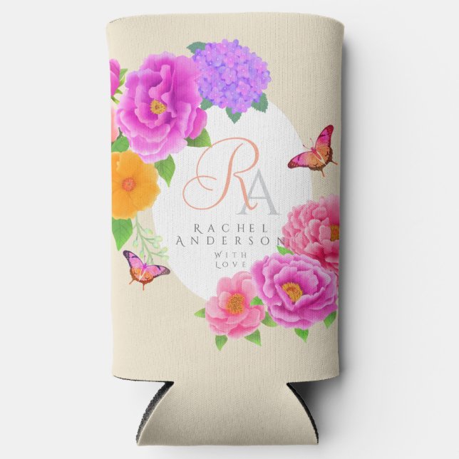 Romantische Monogram Peonies Garden Beige Selters Dosenkühler (Vorderseite)