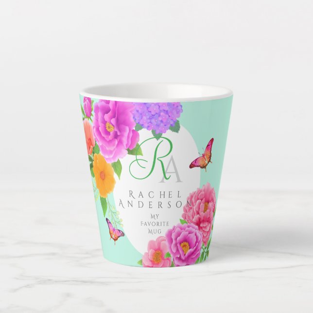 Romantische Monogram Peonies Garden Green Milchtasse (Vorderseite)