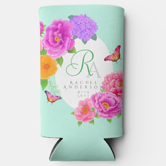 Romantische Monogram Peonies Garden Green Selters Dosenkühler (Vorderseite)
