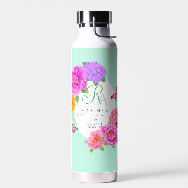 Romantische Monogram Peonies Garden Green Trinkflasche (Links)