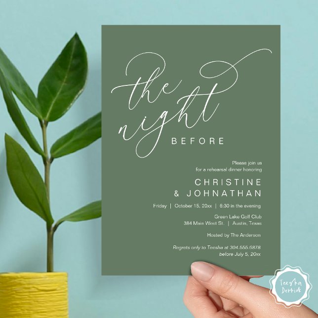 Romantische Nacht vor Hochzeit Probe Dinner Einladung (Romantic The Night Before Wedding Rehearsal Dinner Party Invitation Card, in Forest Sage Green)