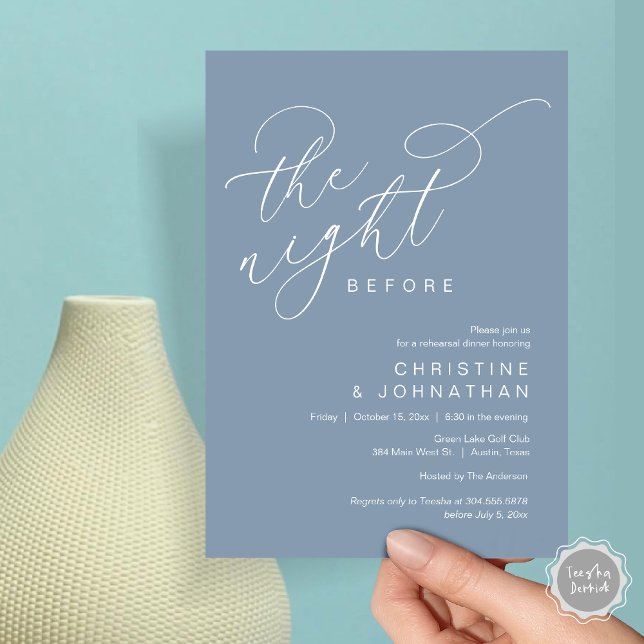 Romantische Nacht vor Hochzeit Probe Dinner Einladung (Romantic The Night Before Wedding Rehearsal Dinner Party Invitation Card, in Dusty Blue)