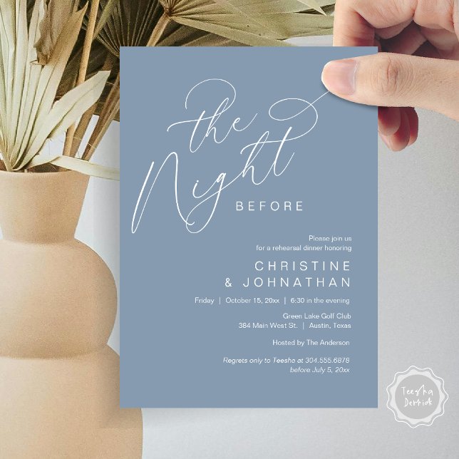 Romantische Nacht vor Hochzeit Probe Dinner Einladung (Romantic The Night Before Wedding Rehearsal Dinner Party Invitation Card, in Dusty Blue)
