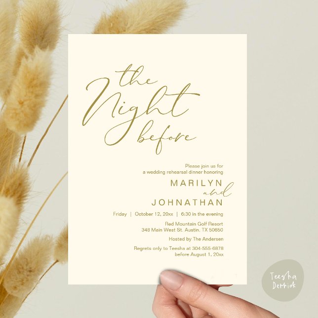 Romantische Nacht vor Hochzeit Probe Dinner Einladung (Romantic The Night Before Modern Wedding Rehearsal Dinner Invitation Card PDF Aesthetic Yellow Gold)