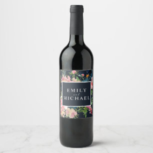 Romantische Navy Blauer Rosa Blüte Weinetikett