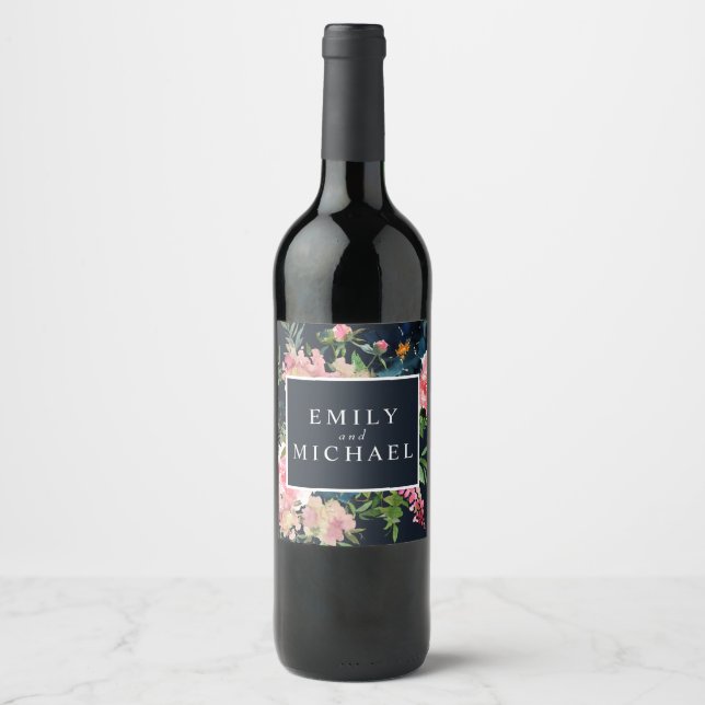 Romantische Navy Blauer Rosa Blüte Weinetikett (Vorderseite)