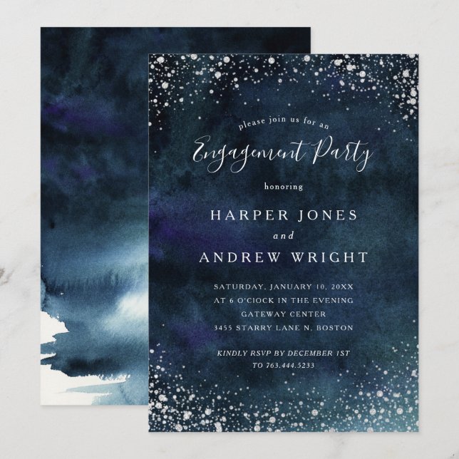 Romantische Navy Blue Silver Engagement Party Einladung (Vorne/Hinten)