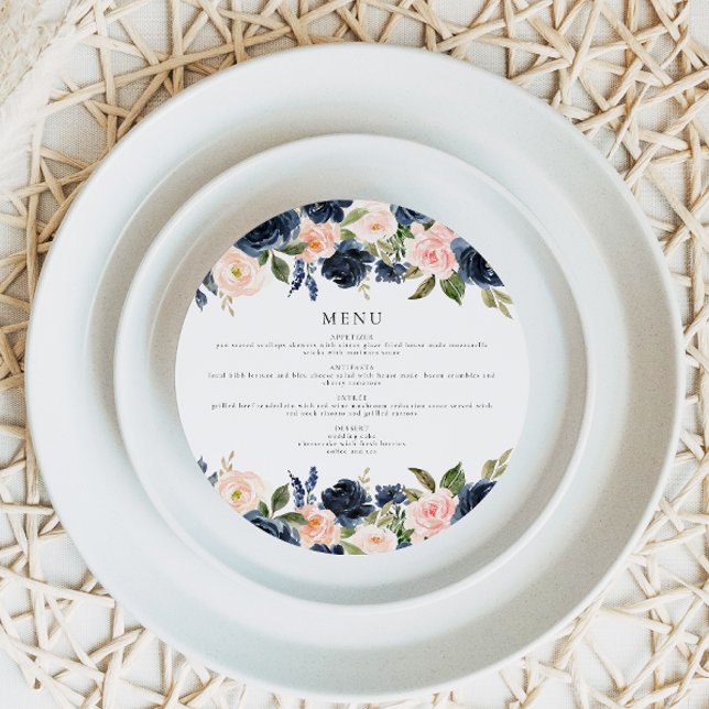 Romantische Navy Blush Floral Circle Dinner Menü K Einladung (Von Creator hochgeladen)