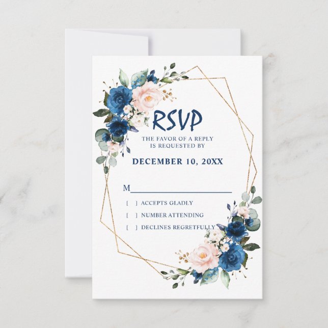 Romantische Navy Blush Pink Floral Geometric RSVP Karte (Vorderseite)