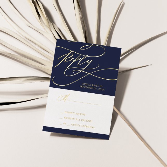 Romantische Navy Gold Foil Wedding Simple RSVP Car Folie Einladungspostkarte (Romantic Navy Gold Foil Wedding Simple RSVP Card)